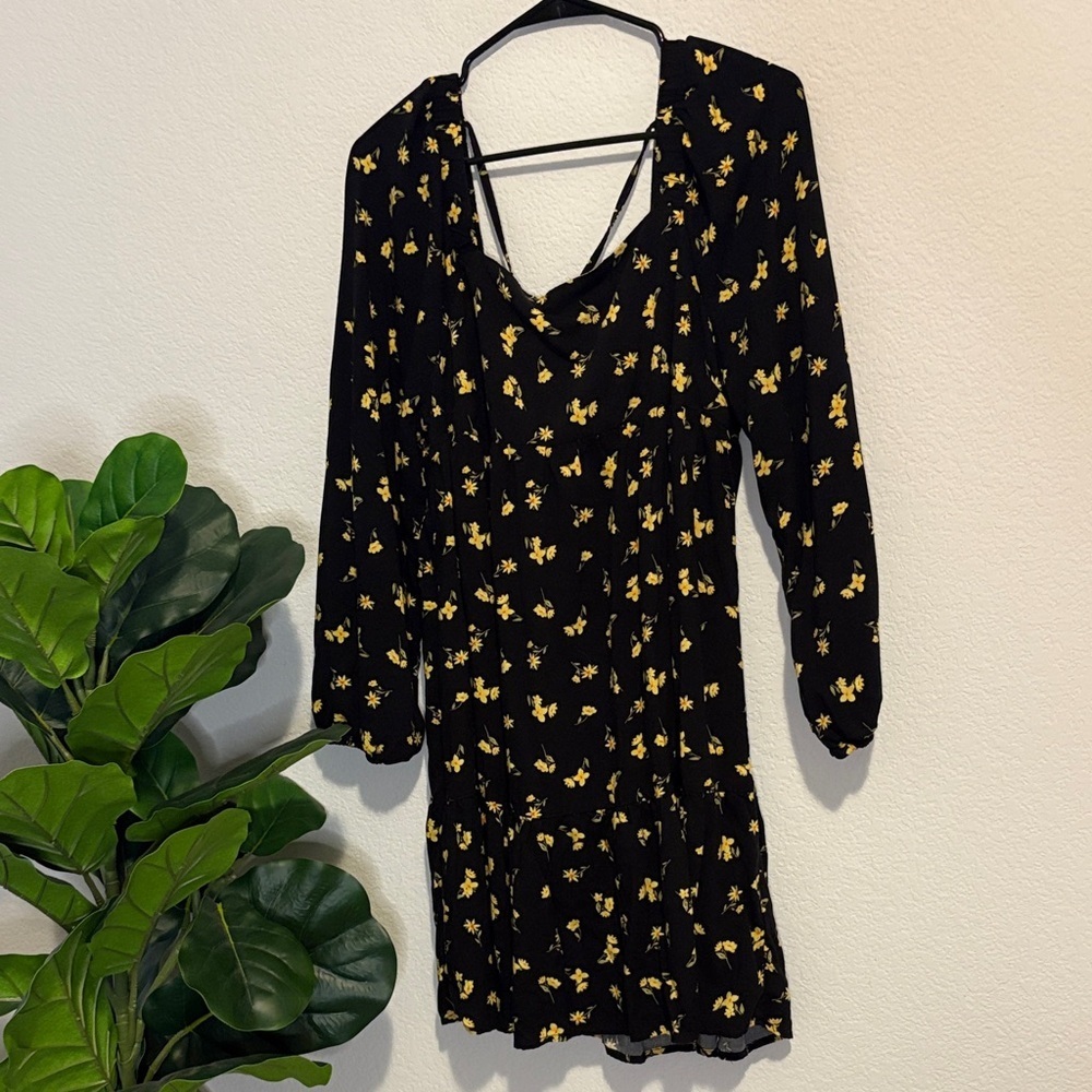 Black Dress with Yellow Floral Design long sleeve button peasant style medium